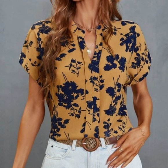 . Tops - Boho Floral Pattern Notched Neck short sleeve Blouse top Carmel / Blue